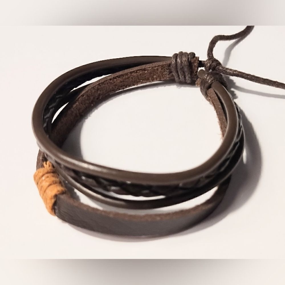 Men's leather bracelet braided layered brown new d85